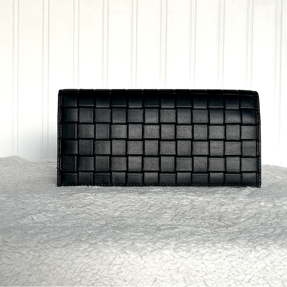 NWT Authentic Bottega Veneta Printed Grid Calf Leather Flap Long Wallet Black